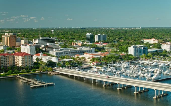 Aerial view of the Bradenton, FL riverfront and marina