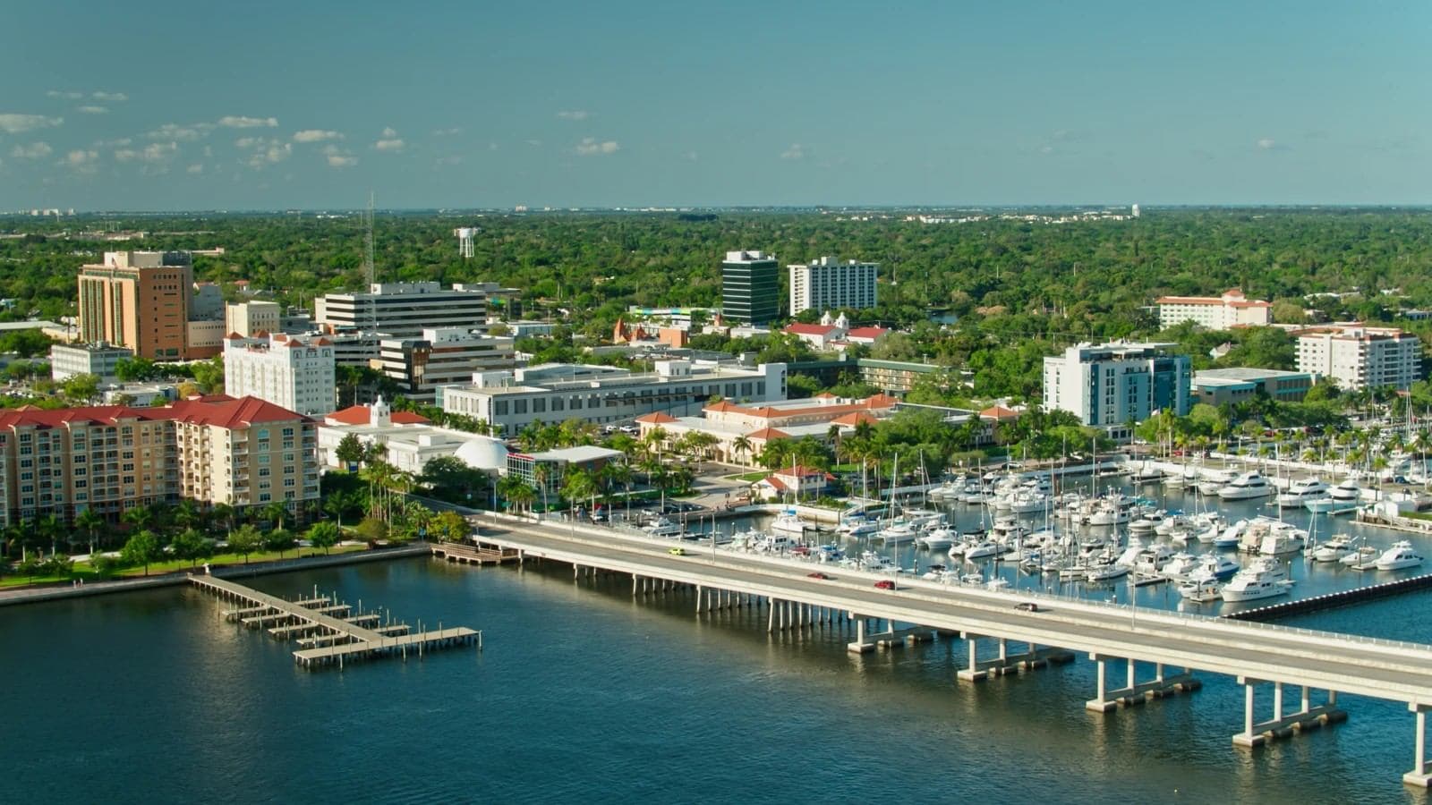Aerial view of the Bradenton, FL riverfront and marina